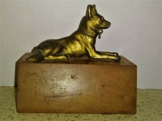Vintage Brass Color Metal Laying German Shepherd Dog Statue Trophy Wooden Base