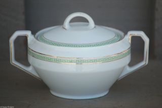 Old Vintage Heinrich H & C Sugar Bowl W Lid Electra Greek Key Green Bavaria