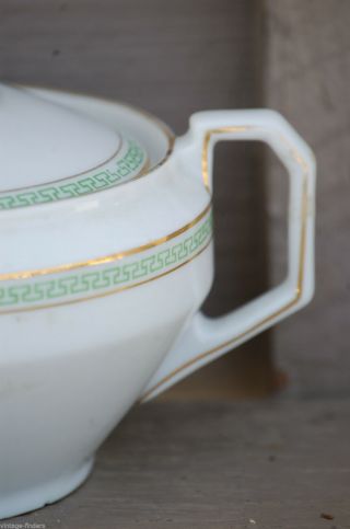 Old Vintage Heinrich H & C Sugar Bowl w Lid Electra Greek Key Green Bavaria 2