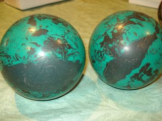 Vintage pair Ebonite Tornado Green and Black Duckpin Bowling Balls 5 