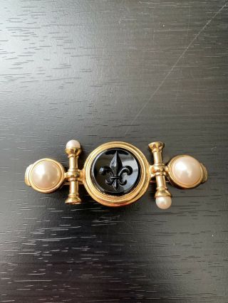 Vintage Givenchy Fleur De Lis Gold Tone Pearl Brooch Pin