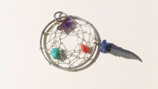 Vtg Sterling Silver Navajo Turquoise Lapis Coral Feather Dream Catcher Pendant