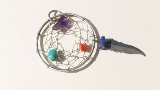VTG STERLING SILVER NAVAJO TURQUOISE LAPIS CORAL FEATHER DREAM CATCHER PENDANT 2
