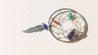 VTG STERLING SILVER NAVAJO TURQUOISE LAPIS CORAL FEATHER DREAM CATCHER PENDANT 3