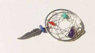 VTG STERLING SILVER NAVAJO TURQUOISE LAPIS CORAL FEATHER DREAM CATCHER PENDANT 4