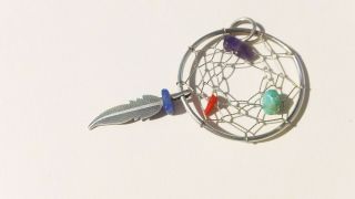 VTG STERLING SILVER NAVAJO TURQUOISE LAPIS CORAL FEATHER DREAM CATCHER PENDANT 5