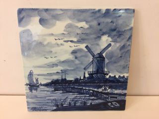 Vintage Blue Delfts Hand Painted Ceramic Windmills Tile,  Made In Holland,  6 " Dia