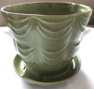 Vintage Brush/mccoy Avocado Green Flower Pot With Saucer Attached Drapery Design