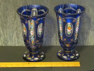 Vintage Cobalt Blue Glass Vase Flowered Pair Approx 10” High Heavy Glass
