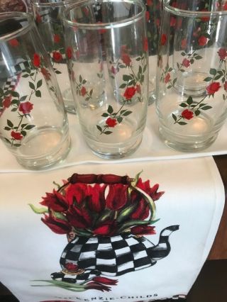 Set Of 6 Vintage Retro Drinking Glasses,  Red Roses Flowers 12 Ounces,  Pristine