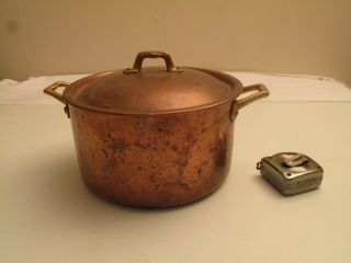 Vtg Copper Pot Stock Pot W/ Brass Handles 8.  75 " D 4 Quart 1 Gallon