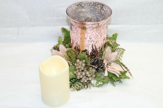 8 " Illuminated Vintage Glass Hurricane With Floral Ring By Valerie Blush Rtl$30