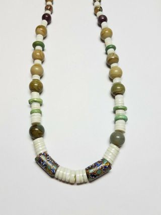 Vintage African Trade Bead Heishi Shell Multi - Stone 28 " Necklace Gf Clasp