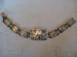Vintage Chinese Export Silver Dragon Story Panel Link Bracelet