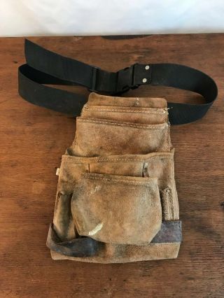 Vintage Multi Compartment Suede Leather Construction Tool Belt Pouch Hd19