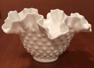 Vintage Fenton Milk Glass Vase Ruffle Hobnail Bowl Crimped Dish 6.  5 " X 4 "