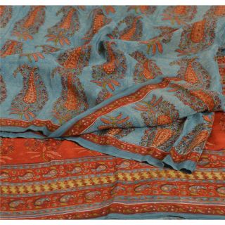 Sanskriti Vintage Blue Saree Pure Crepe Silk Printed Sari Craft 5yd Soft Fabric