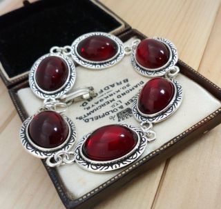 Vintage - 1970s Siam Ruby Red Mirror Glass Cabochon - Large Oval Bracelet