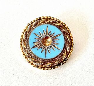 Vintage 70s Victorian Style Turquoise Blue Glass & Gold Gilt Sphinx Brooch