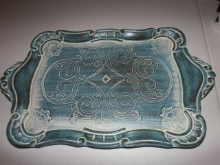Vintage Sezzatini Hand Painted Wood Wooden Shabby Chic Tray Blue