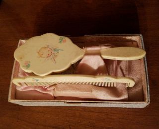 Vintage Baby Brush Comb Set Bunny Wooden Made In Usa