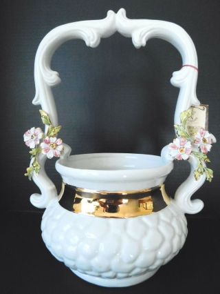 Vintage Large 15 Inch Tall Capodimonte Porcelain Dogwood Flowers Basket Italy