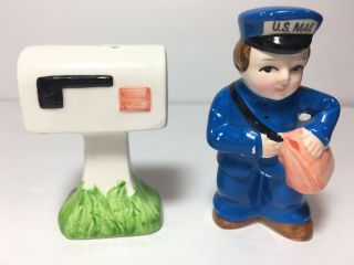 Vintage Ceramic Mailman And Mailbox/post Box Salt And Pepper Shakers Set