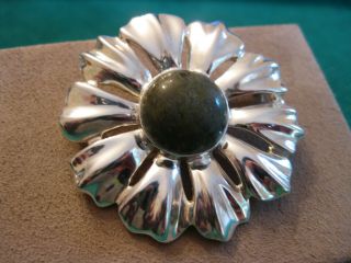 Vintage Ireland 925 Sterling Flower Pin / Pendant Green Connemara Marble