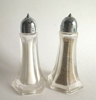 Vtg Longneck Glass Salt & Pepper Shaker Set Metal Caps 5 " Tall Mid Century Modern