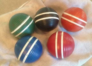 5 Vintage Wooden Croquet Balls Ribbed Striped Game Decor