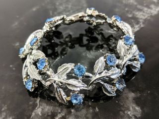 Lovely Vintage Silver Tone Bracelet With Blue Rhinestones By Coro Jewellery
