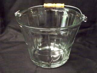 Vintage Anchor Hocking Barware Glass Ice Bucket Basket With Wood & Metal Handle