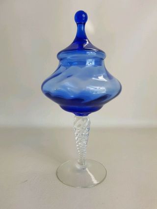Mid Century Blue Glass Bon Bon Jar Lidded Spiral Stem Vintage Mcm Retro