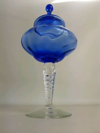 Mid century blue glass bon bon jar lidded spiral stem vintage mcm retro 2