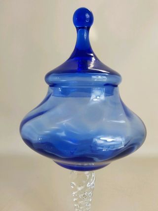 Mid century blue glass bon bon jar lidded spiral stem vintage mcm retro 3