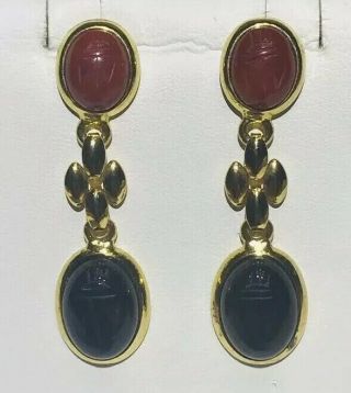 Vintage Gold Tone Gemstone Carved Scarab Pierced Earrings Dangle Drop