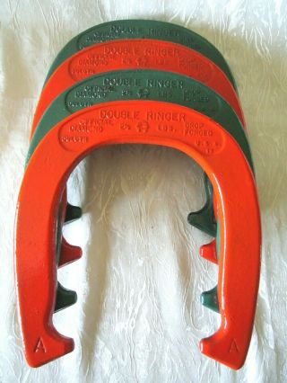 Vintage Diamond Double Ringer Horseshoes 2 1/2 Lb.  Set Of 4 Duluth Orange Green