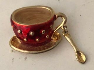 Vintage Gold Tone Red Enamel Cup & Saucer W/ Spoon Pin Brooch