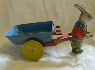 Vtg.  Tin Lithograph Toy RABBIT Easter Bunny Pulling Wagon/Cart WYANDOTTE E - 507 7
