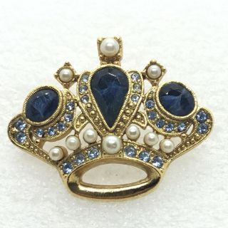 1928 Vintage Royal Crown Brooch Pin Blue Swirled Glass Rhinestone Faux Pearl