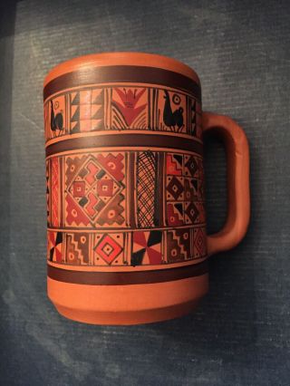 Vintage Peru Llama Art Pottery Hand Painted And Carved Large Clay Cup Brown Mug