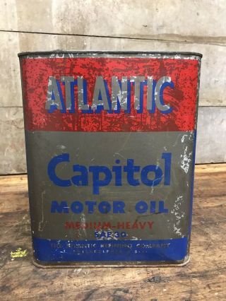 Vintage 2 Gallon Atlantic Capitol Motor Oil Metal Can Gas Oil