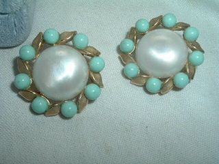 Vintage Large Crown Trifari Faux Pearl,  Turquoise Clip Earrings In Gift Box