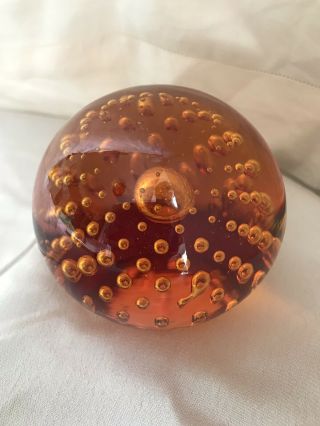 Whitefriars Glass Controlled Bubble Gold / Amber Paperweight Vintage