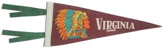 Vintage Felt Pennant Virginia Minnesota Mn Mesabi Iron Range Indian Chief Ojibwe
