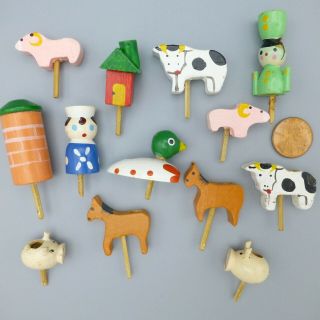 Vintage Wood Farm Animal Birthday Candle Holders Cake Toppers Set Made In Japan