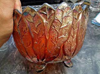 Vintage Imperial Carnival Glass Red Cabbage Lettuce Leaf Bowl 5