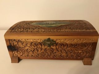 Vintage Carved Red Cedar Wood Jewelry Box W/ Cottage Motif & Mirror