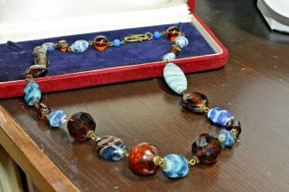 Vintage Art Deco Style Murano Blue/brown Glass Bead Necklace