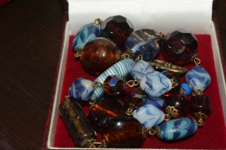 Vintage art deco style Murano blue/brown glass bead necklace 3